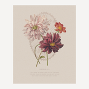 Vintage-style botanical art print featuring three dahlia flowers in soft pink, deep burgundy, and rust tones on a warm beige background with a faint circular lace motif and small text at the bottom.