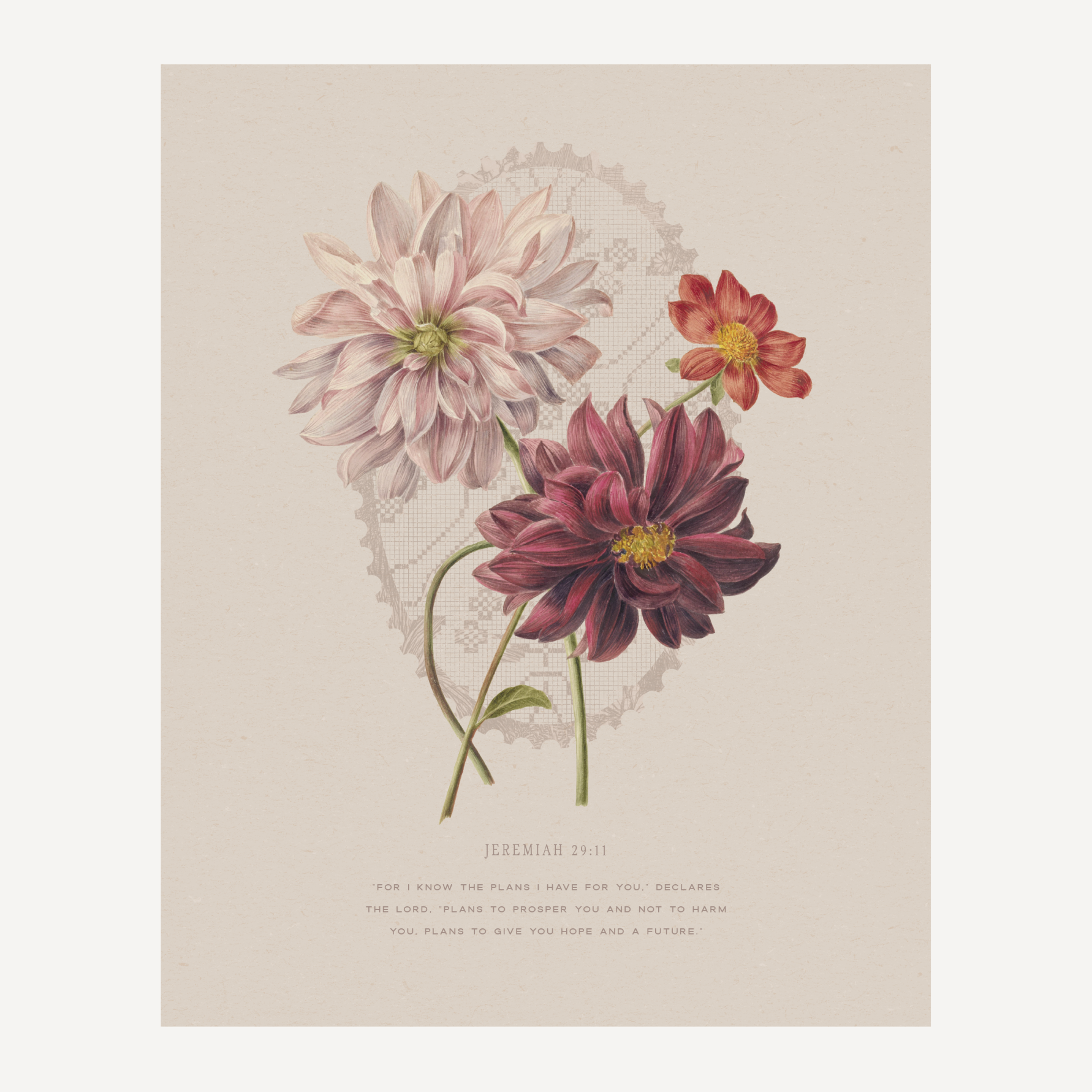 Vintage-style botanical art print featuring three dahlia flowers in soft pink, deep burgundy, and rust tones on a warm beige background with a faint circular lace motif and small text at the bottom.