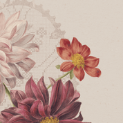 Vintage-style floral illustration featuring large dahlia-like flowers in muted pink, burgundy, and plum tones with yellow centers on a warm beige background with a faint lace-like pattern.