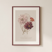 A framed botanical art print featuring three dahlia flowers in soft pink, burgundy, and orange tones on a warm beige background, hung on a light beige wall.