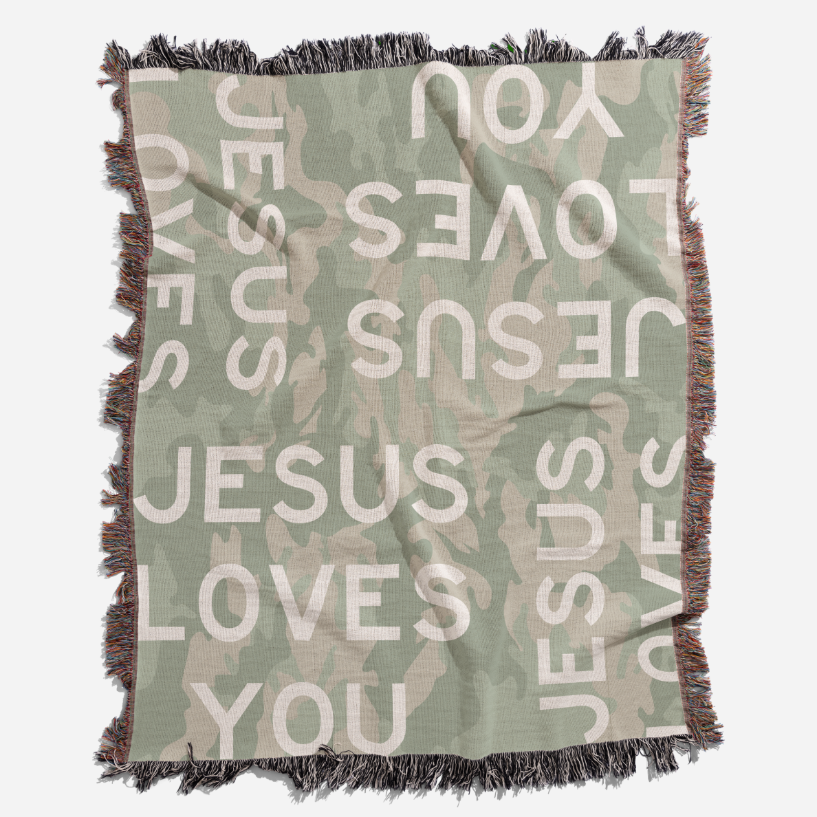 Studio photograph of Jesus Loves You blanket.