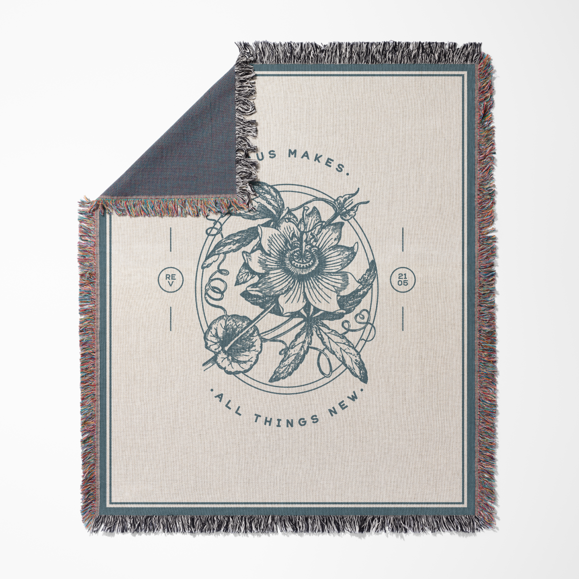 Blanket with floral design and text on a white background