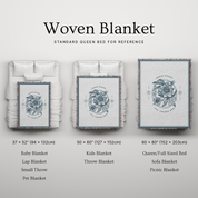 Woven blanket with different sizes displayed on a white background