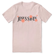 Christian t-shirt with bold “Jesus Saves” text, symbolizing salvation and faith, perfect for daily wear and inspiring conversations.