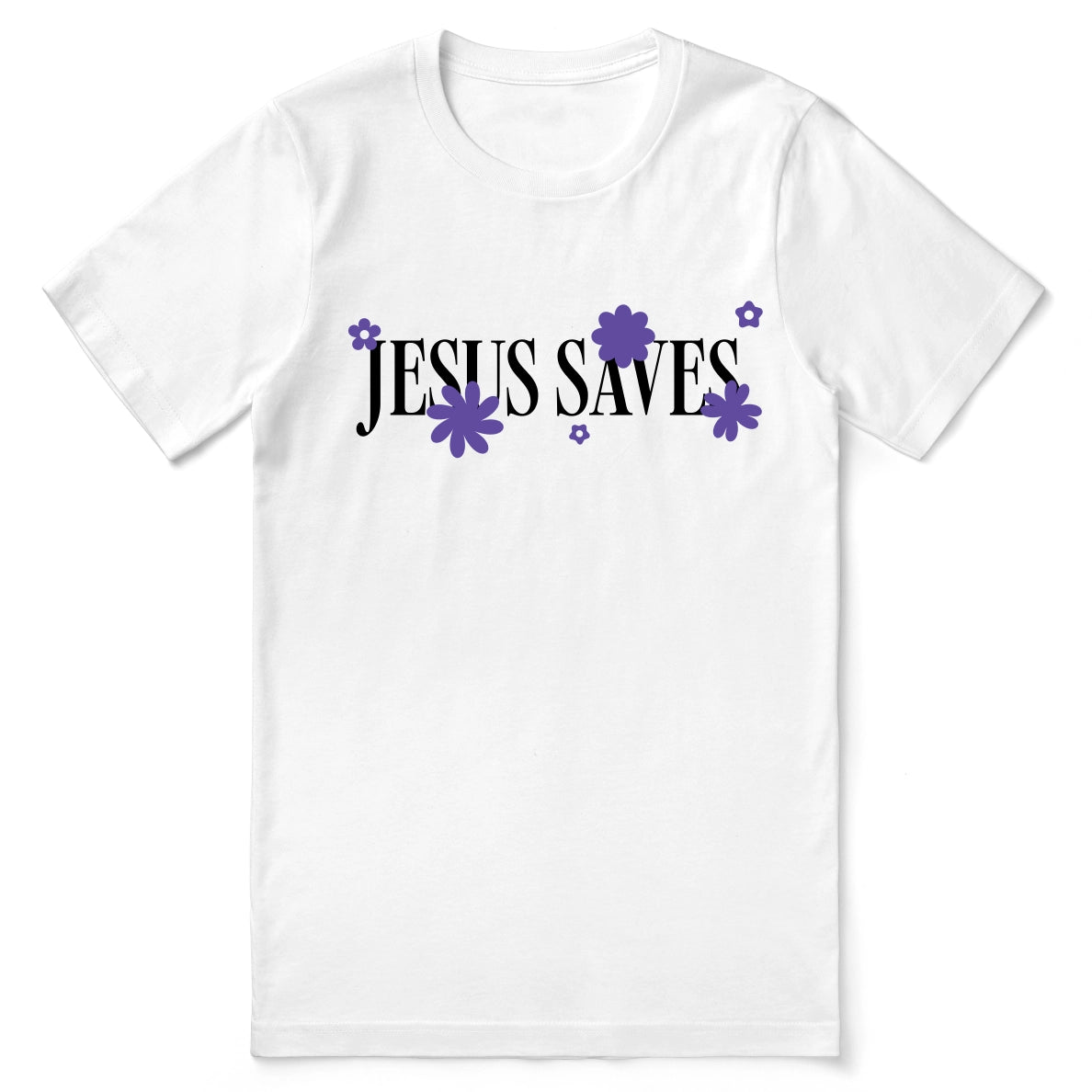Christian t-shirt with bold “Jesus Saves” text, symbolizing salvation and faith, perfect for daily wear and inspiring conversations.