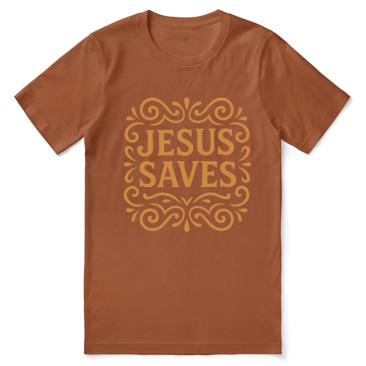 Unisex Christian t-shirt with decorative hand-lettered “Jesus Saves” design; soft cotton faith-based shirt perfect for daily wear, church, or joyful witness.