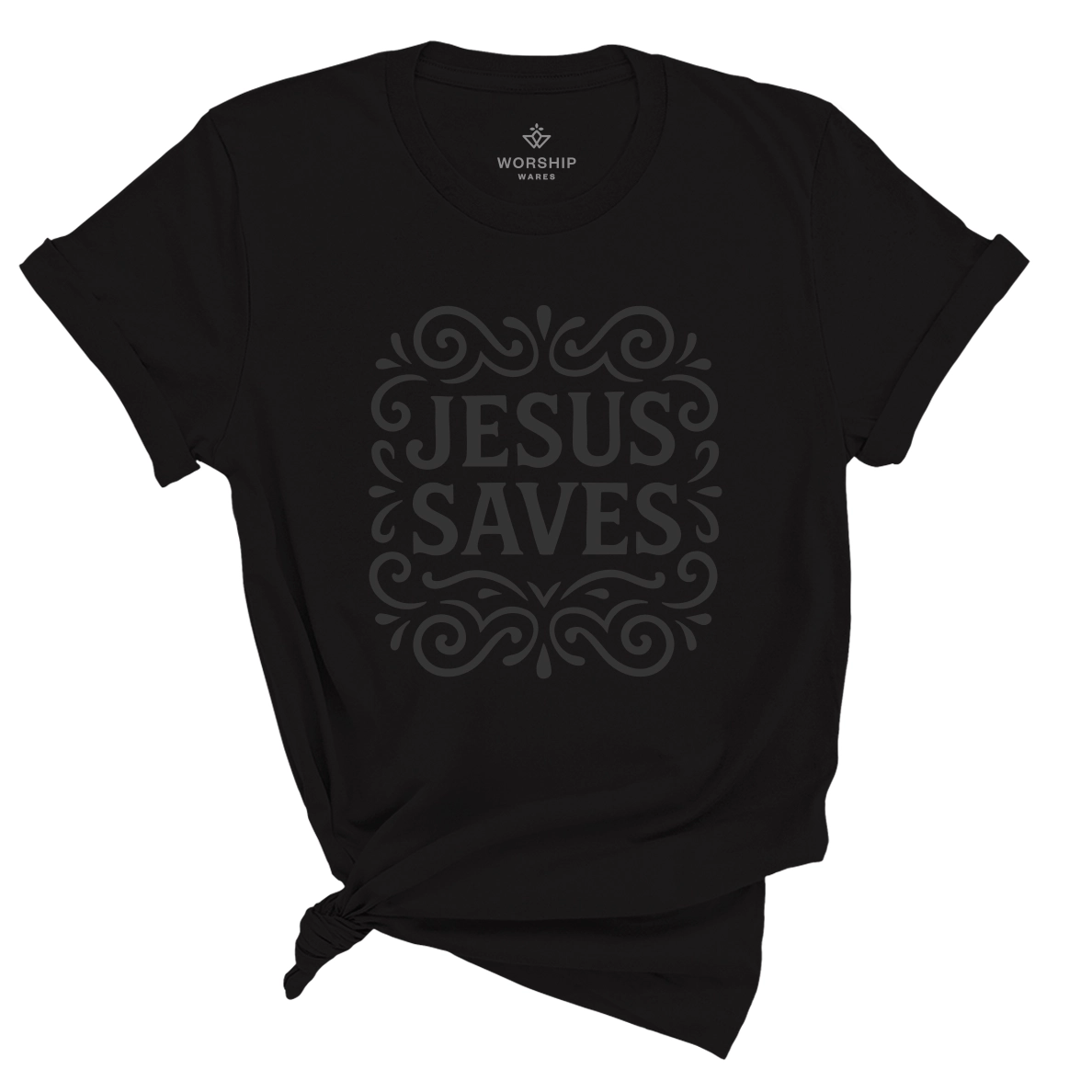 Unisex Christian t-shirt with decorative hand-lettered “Jesus Saves” design; soft cotton faith-based shirt perfect for daily wear, church, or joyful witness.