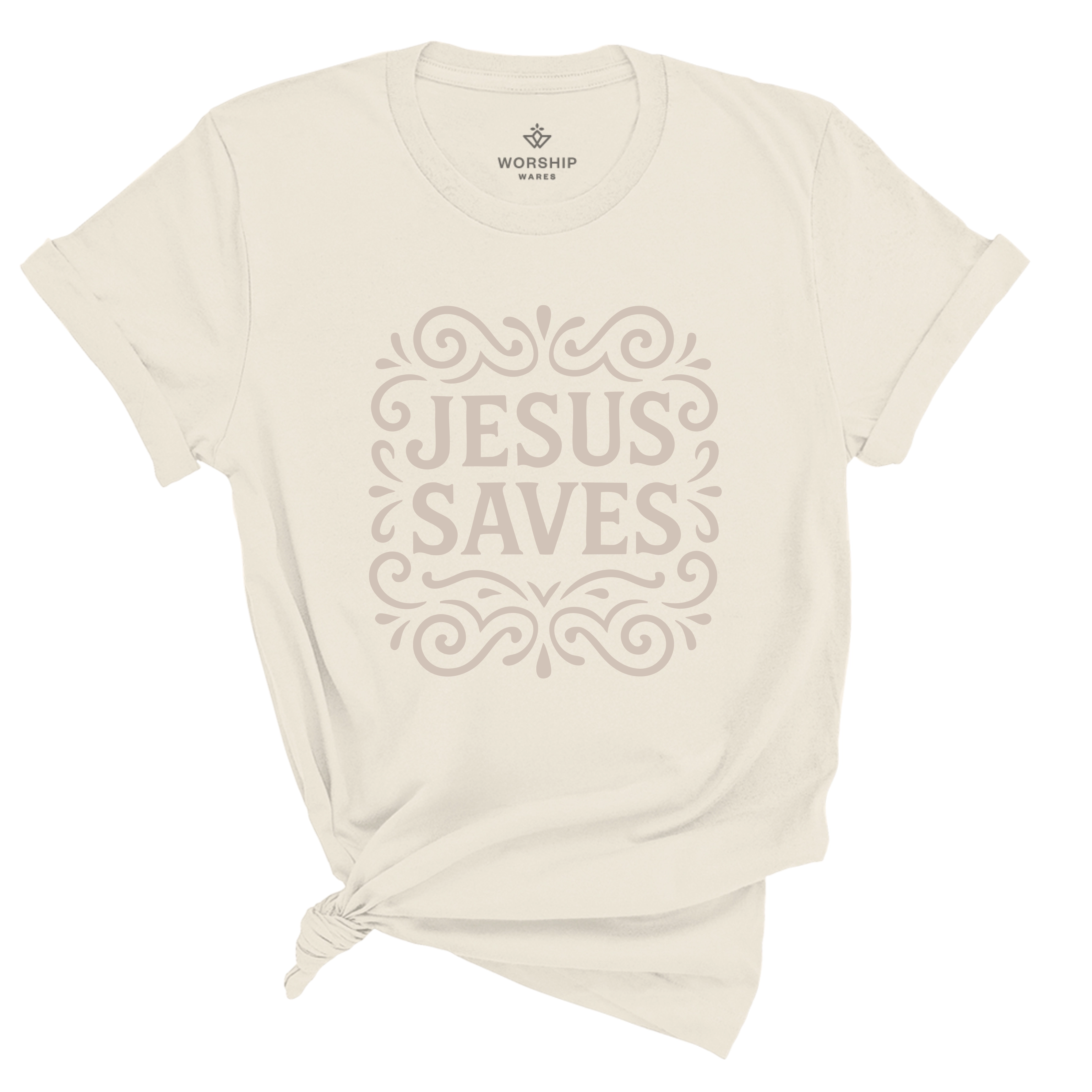 Unisex Christian t-shirt with decorative hand-lettered “Jesus Saves” design; soft cotton faith-based shirt perfect for daily wear, church, or joyful witness.