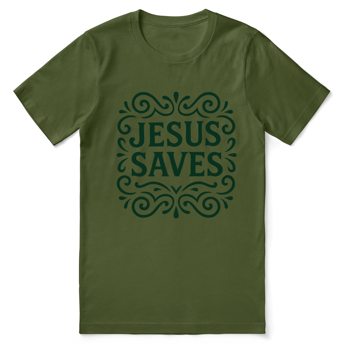 Unisex Christian t-shirt with decorative hand-lettered “Jesus Saves” design; soft cotton faith-based shirt perfect for daily wear, church, or joyful witness.