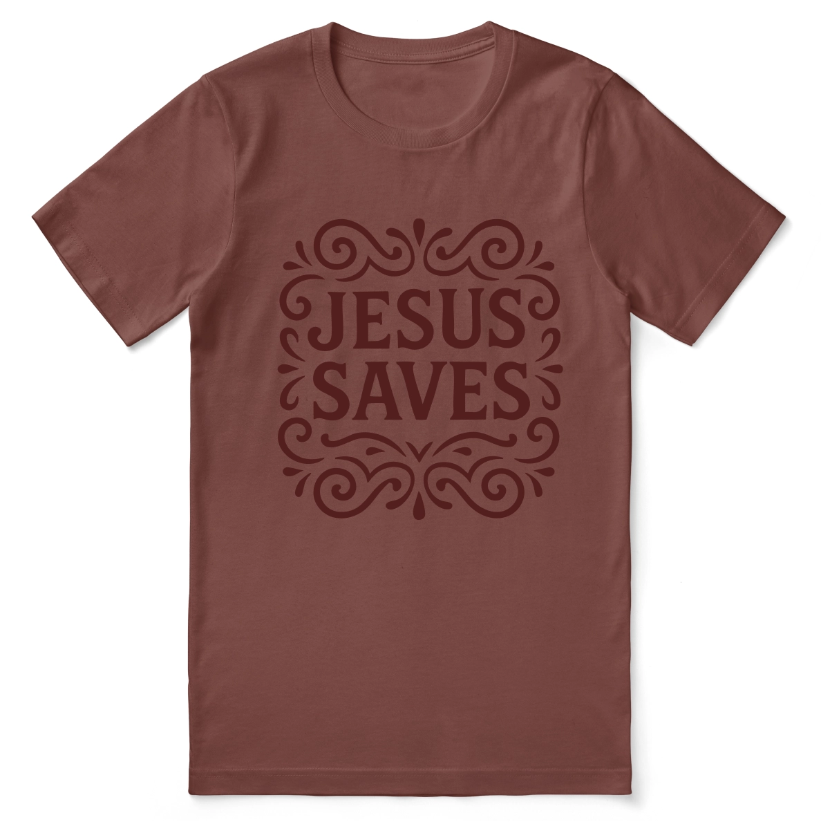 Unisex Christian t-shirt with decorative hand-lettered “Jesus Saves” design; soft cotton faith-based shirt perfect for daily wear, church, or joyful witness.