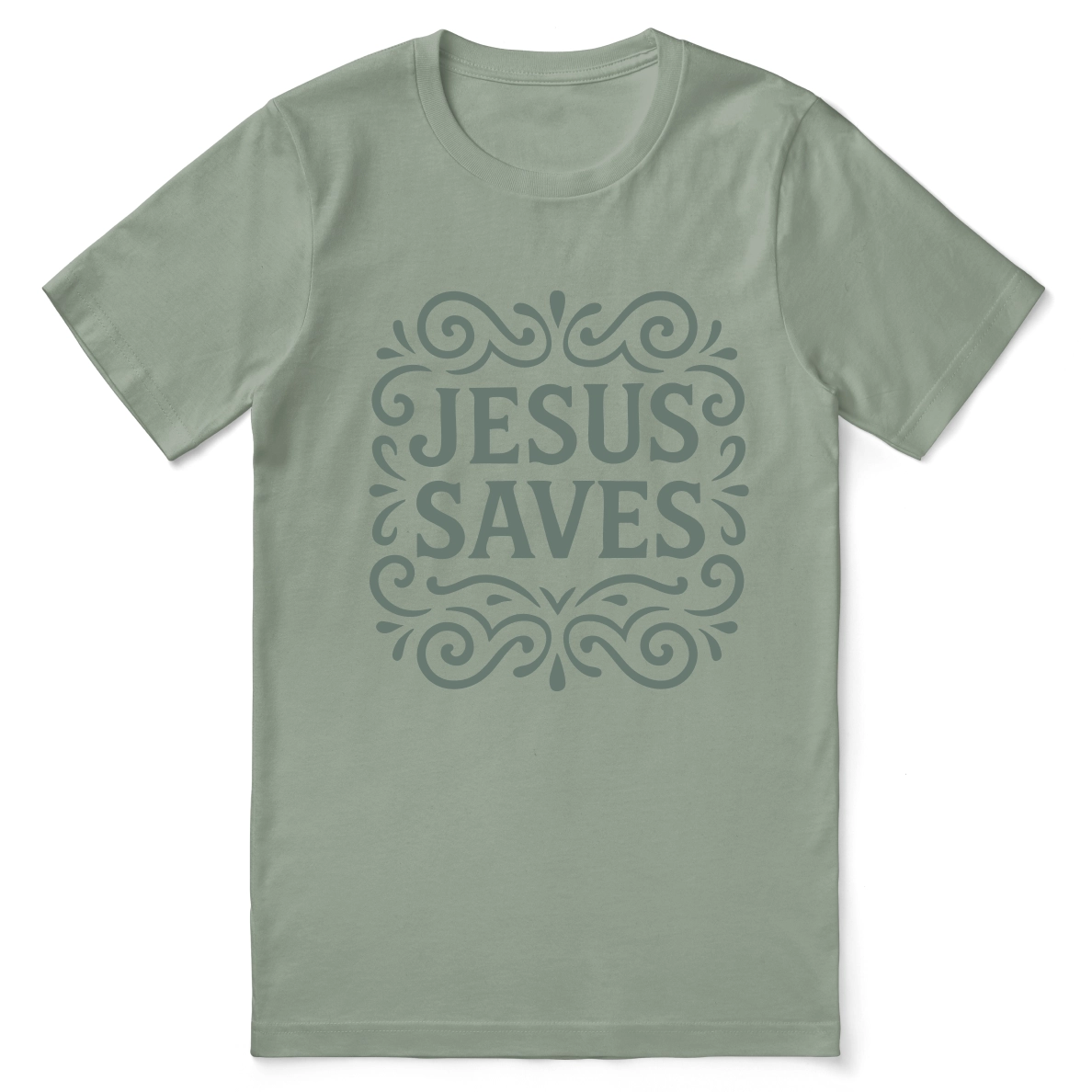 Unisex Christian t-shirt with decorative hand-lettered “Jesus Saves” design; soft cotton faith-based shirt perfect for daily wear, church, or joyful witness.