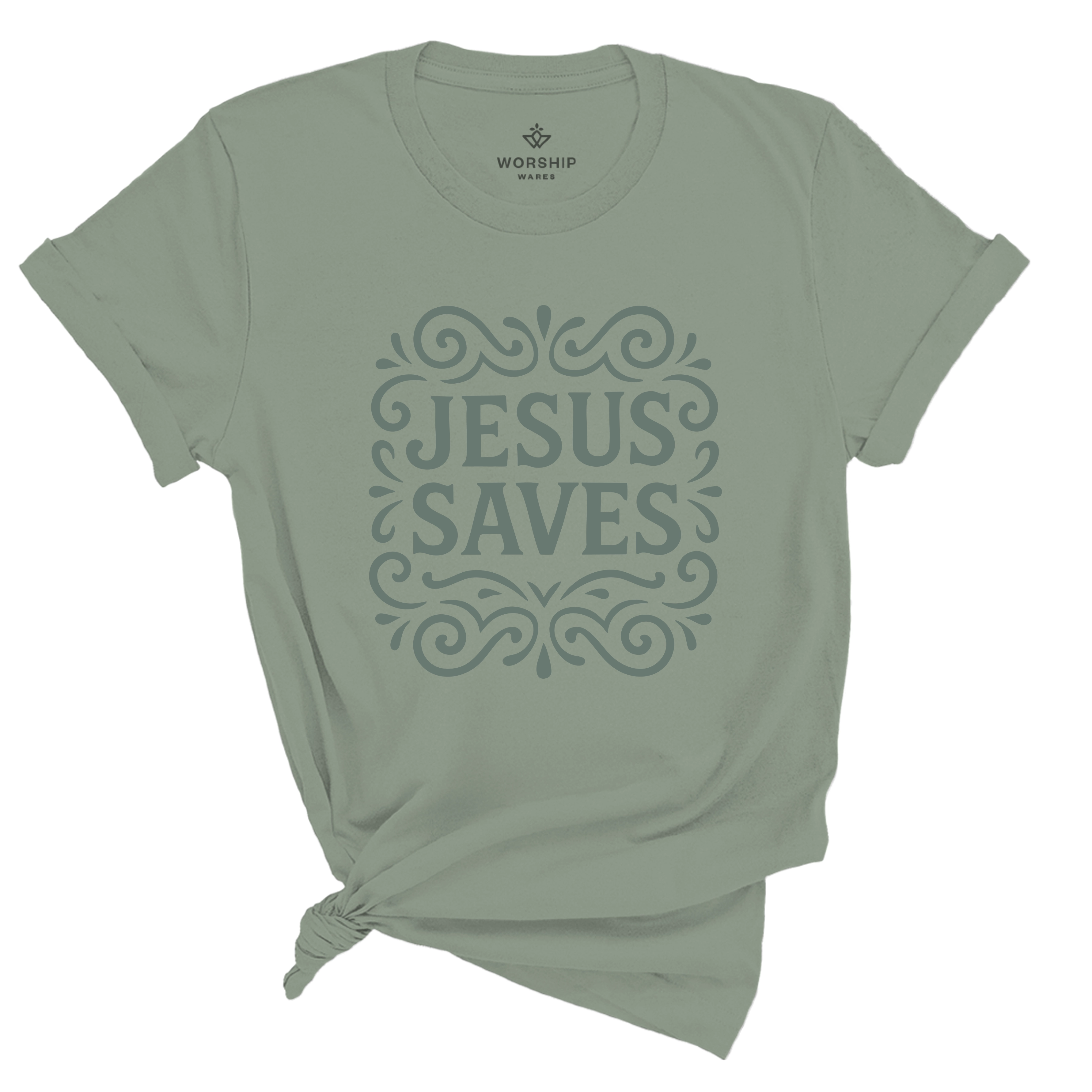 Unisex Christian t-shirt with decorative hand-lettered “Jesus Saves” design; soft cotton faith-based shirt perfect for daily wear, church, or joyful witness.