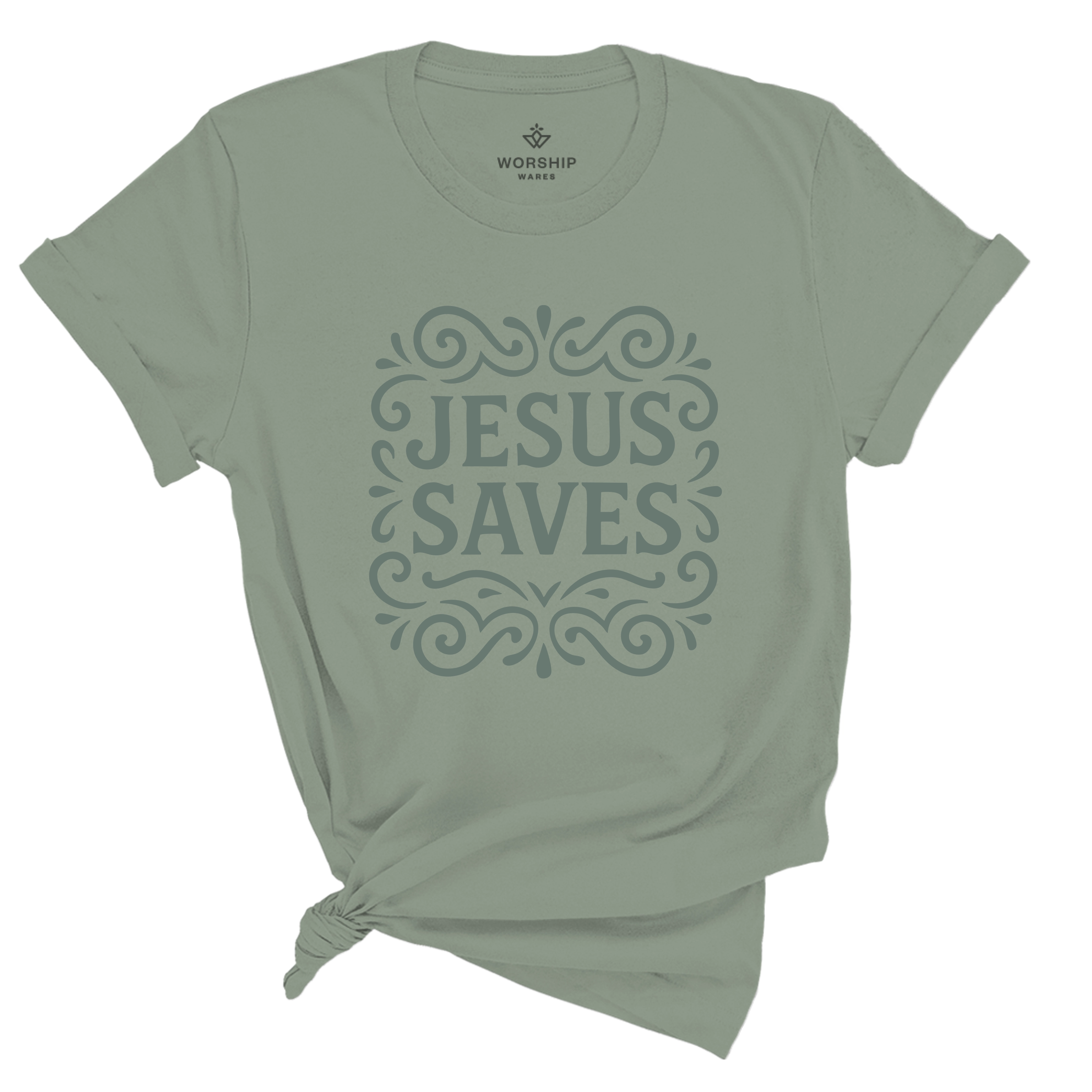Unisex Christian t-shirt with decorative hand-lettered “Jesus Saves” design; soft cotton faith-based shirt perfect for daily wear, church, or joyful witness.