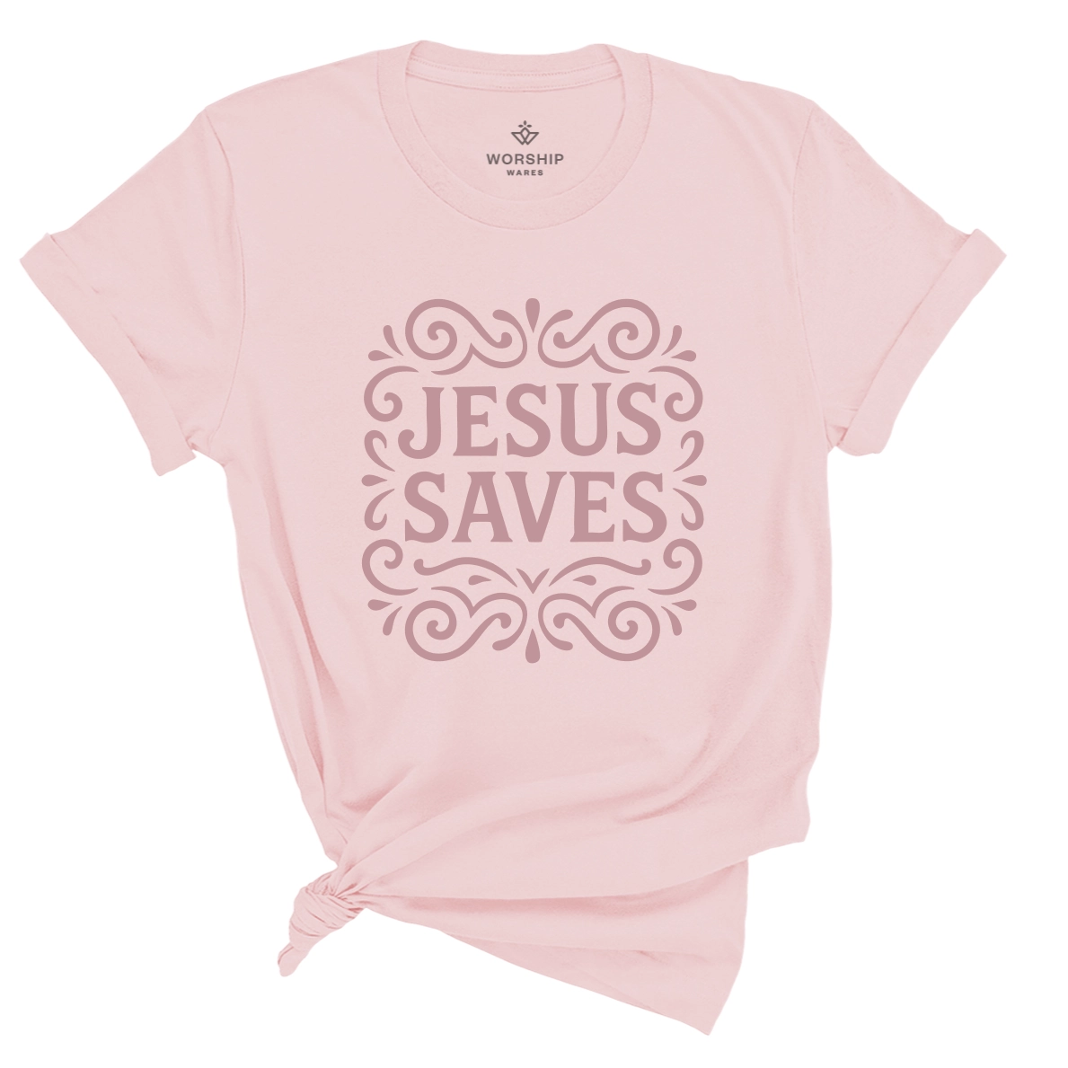 Unisex Christian t-shirt with decorative hand-lettered “Jesus Saves” design; soft cotton faith-based shirt perfect for daily wear, church, or joyful witness.