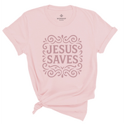 Unisex Christian t-shirt with decorative hand-lettered “Jesus Saves” design; soft cotton faith-based shirt perfect for daily wear, church, or joyful witness.