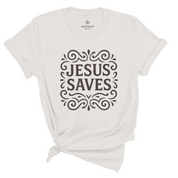 Unisex Christian t-shirt with decorative hand-lettered “Jesus Saves” design; soft cotton faith-based shirt perfect for daily wear, church, or joyful witness.