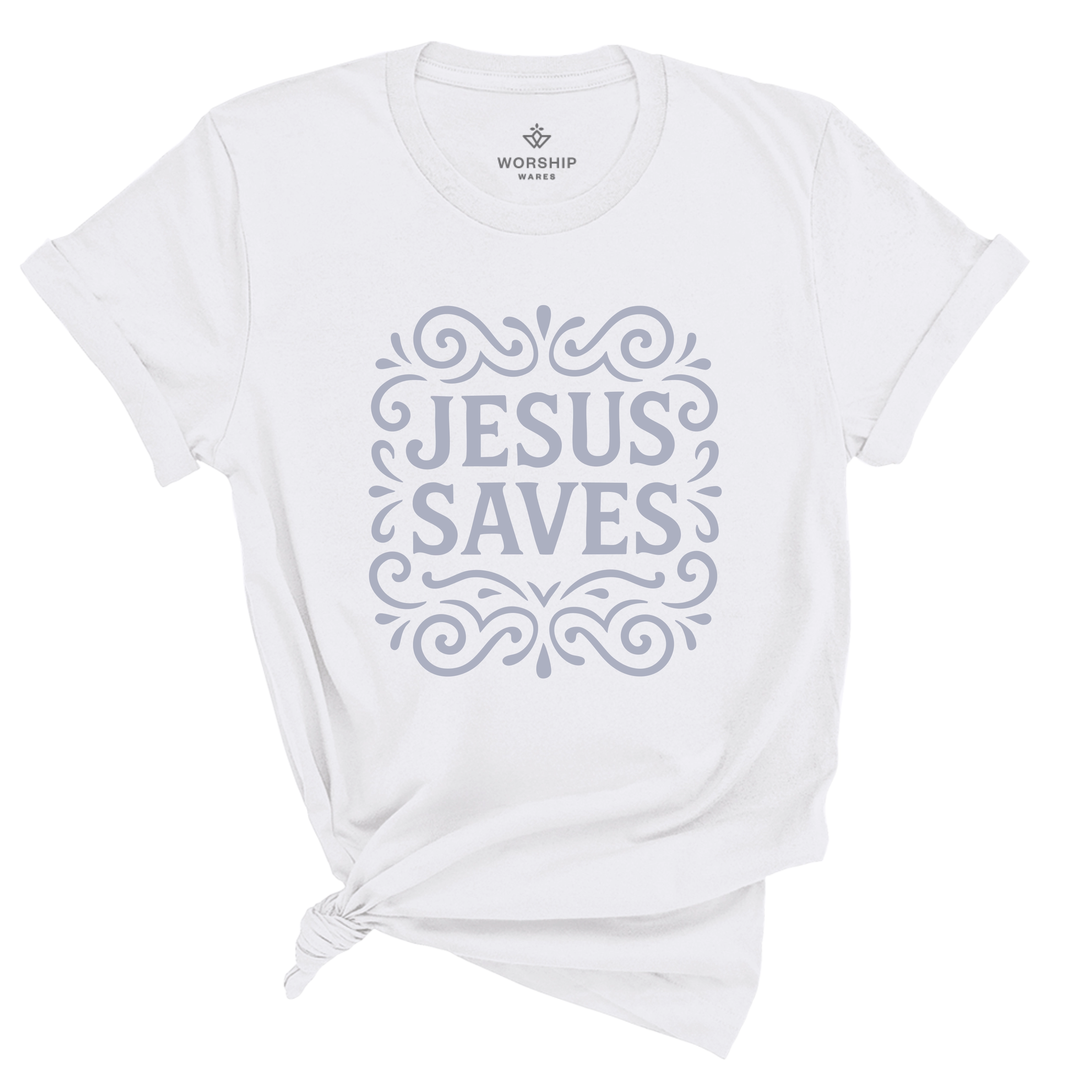 Unisex Christian t-shirt with decorative hand-lettered “Jesus Saves” design; soft cotton faith-based shirt perfect for daily wear, church, or joyful witness.