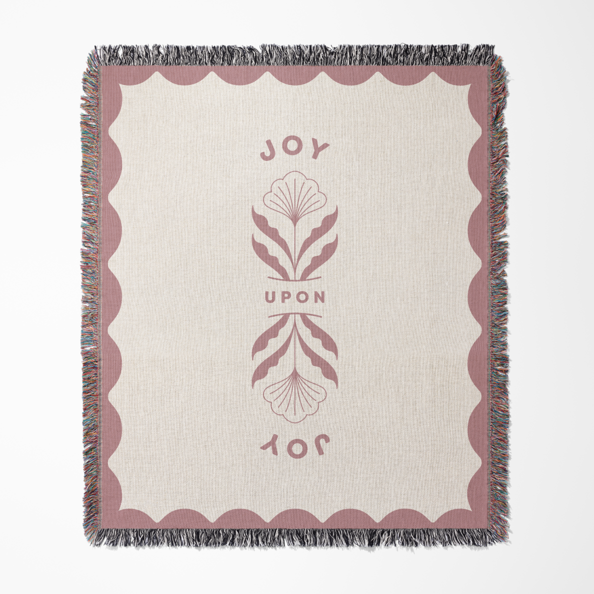 Blanket with 'Joy Upon You' text and decorative design on a white background