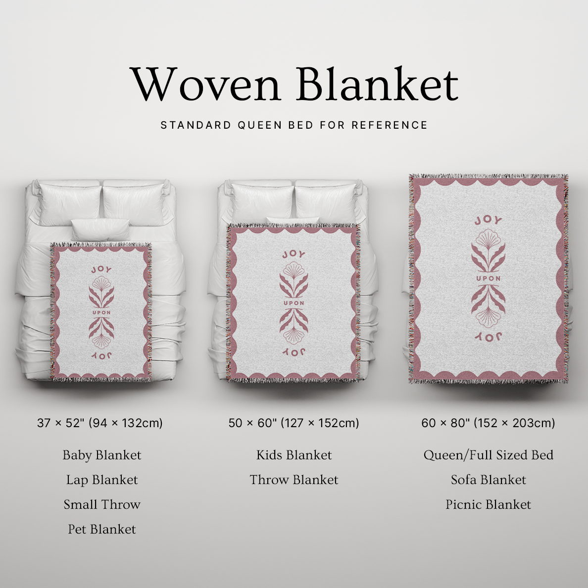 Woven blanket with size chart on a light gray background