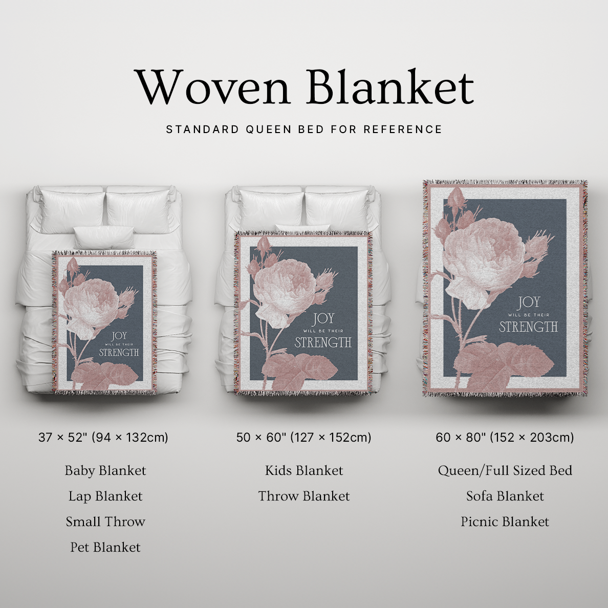 Woven blanket with floral design and text, displayed on a bed for reference sizes.