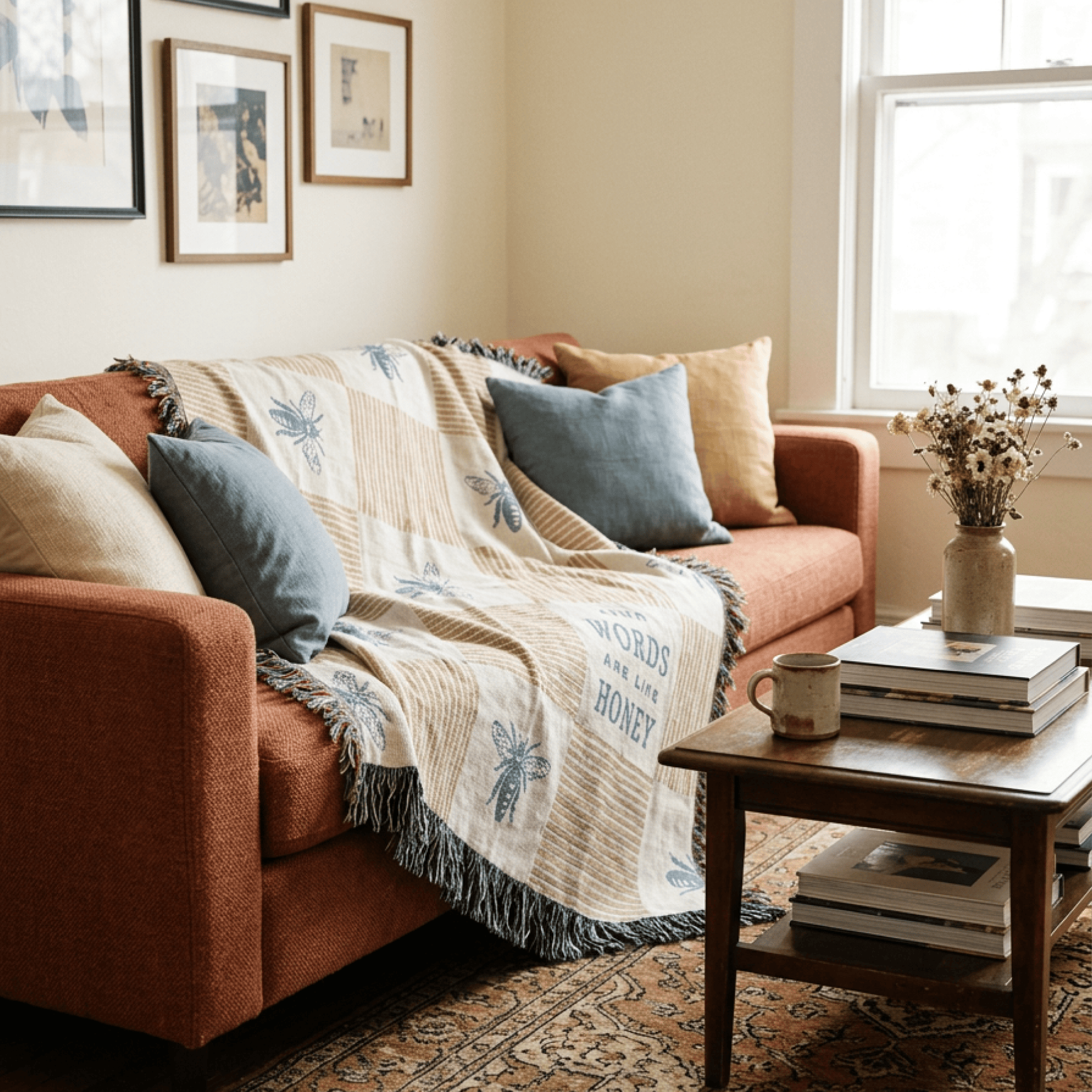 A cozy living room scene with an orange-brown upholstered sofa draped with a cream throw blanket featuring blue floral motifs and fringe. The blanket has visible text reading 'WORDS ARE THE HONEY'.