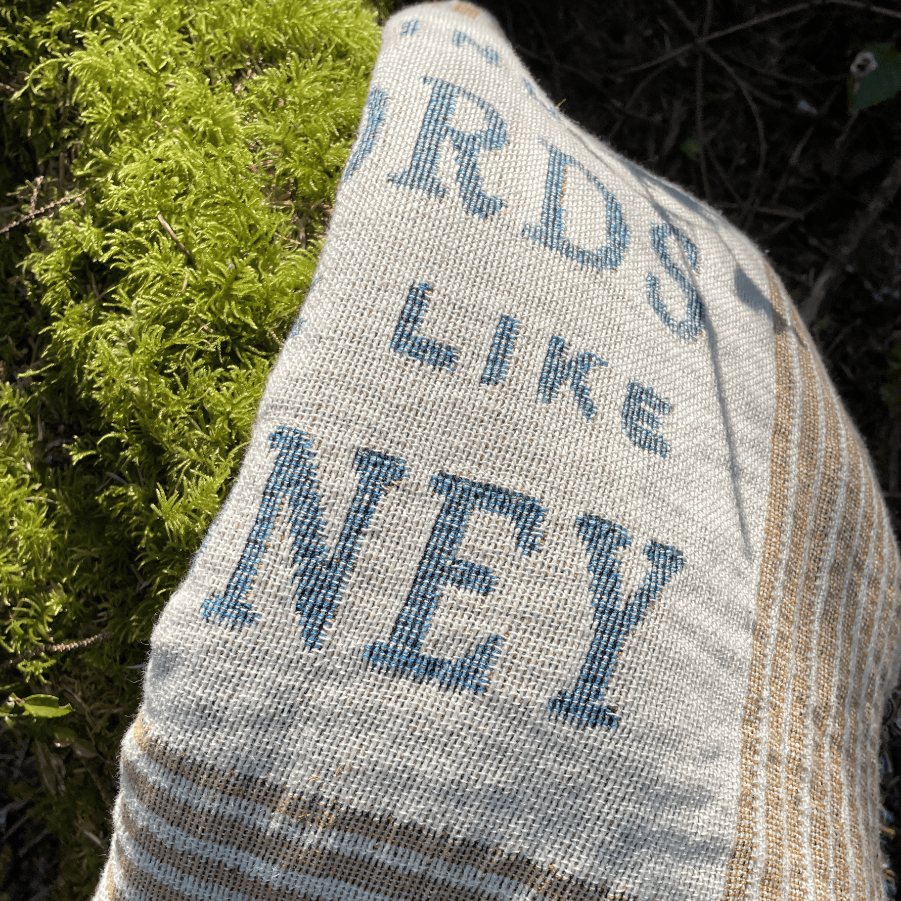 A close-up of a woven decorative pillow or cushion cover made from a natural beige burlap sack, featuring blue printed text that reads 'WORDS LIKE MONEY' and a rustic striped border. The pillow is photographed outdoors next to bright green moss.