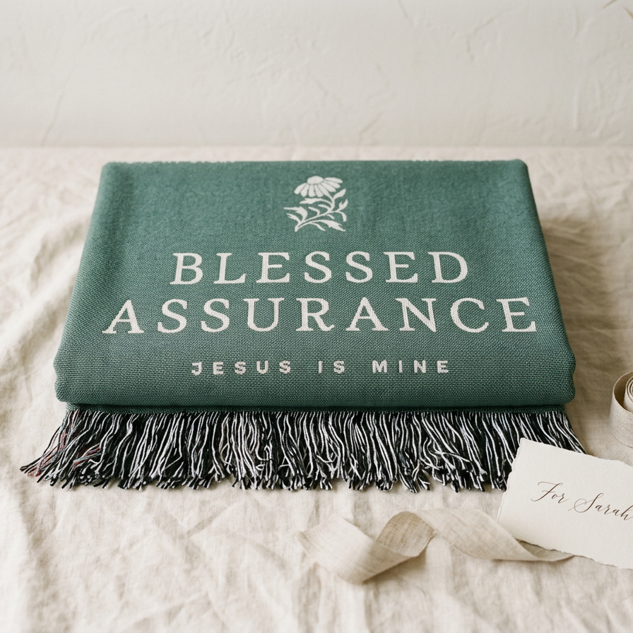 Green blanket with 'Blessed Assurance Jesus is Mine' text on a light background