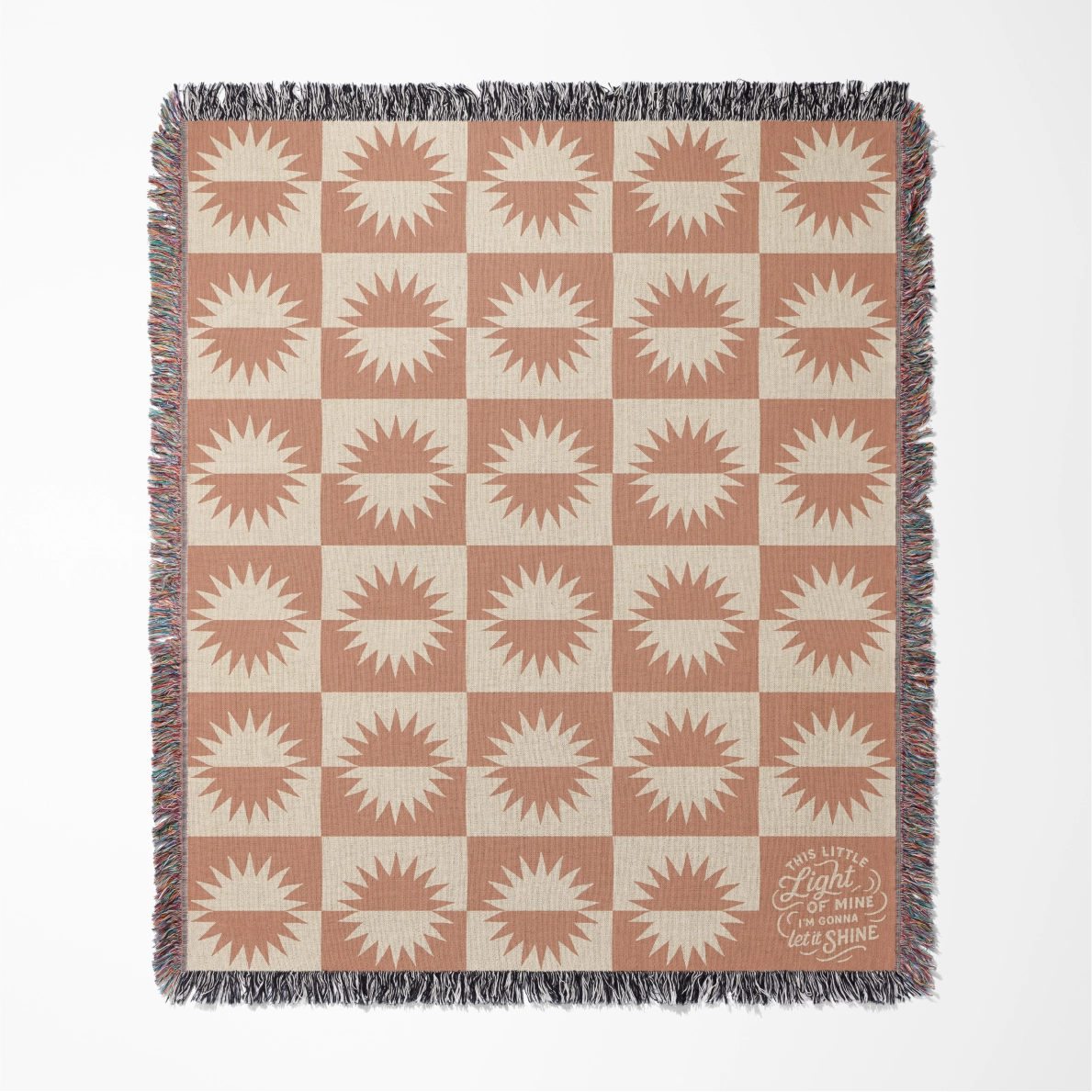 Neutral-toned woven blanket with suns and the phrase “This little light of mine, I’m gonna let it shine,” made from 100% cotton with fringe; perfect for nurseries or Christian baby gifts.