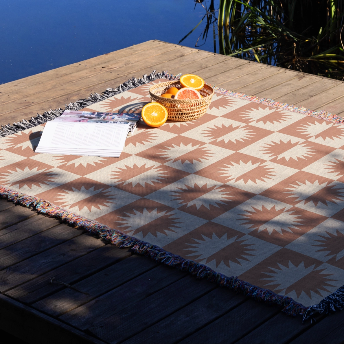 Neutral-toned woven blanket with suns and the phrase “This little light of mine, I’m gonna let it shine,” made from 100% cotton with fringe; perfect for nurseries or Christian baby gifts.