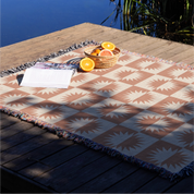 Neutral-toned woven blanket with suns and the phrase “This little light of mine, I’m gonna let it shine,” made from 100% cotton with fringe; perfect for nurseries or Christian baby gifts.