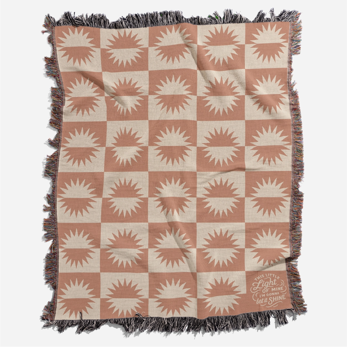 Neutral-toned woven blanket with suns and the phrase “This little light of mine, I’m gonna let it shine,” made from 100% cotton with fringe; perfect for nurseries or Christian baby gifts.