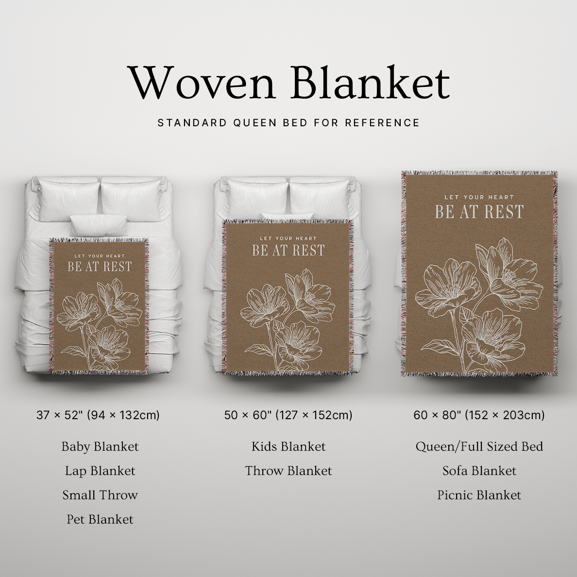 Woven blanket with floral design and text, shown in various sizes on a bed for reference.