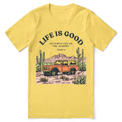 Christian t-shirt with the phrase “Life Is Good – Journey With Him”; soft unisex tee for everyday faith, encouragement, and walking with Jesus.