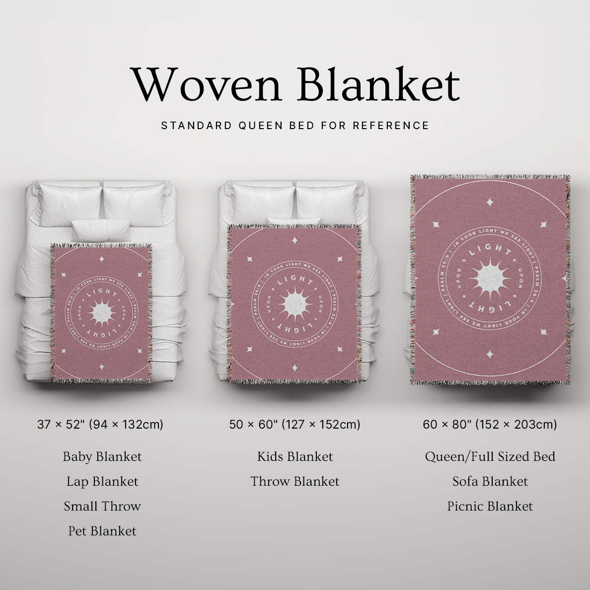 Woven blanket with size chart on a light gray background
