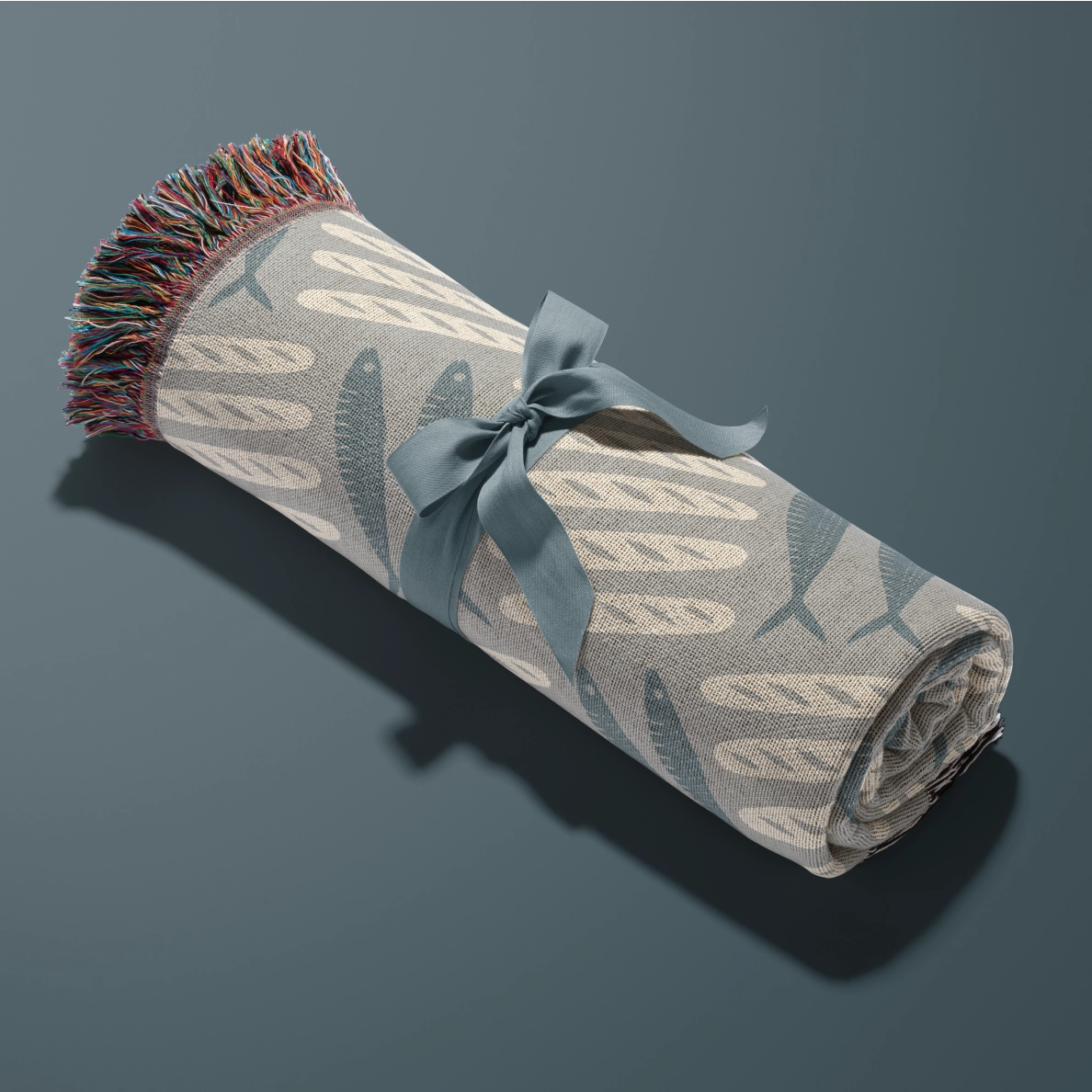 Woven Christian blanket featuring loaves and fishes pattern inspired by the miracle of Matthew 14; 100% cotton with fringe, a symbol of God’s provision and abundance.