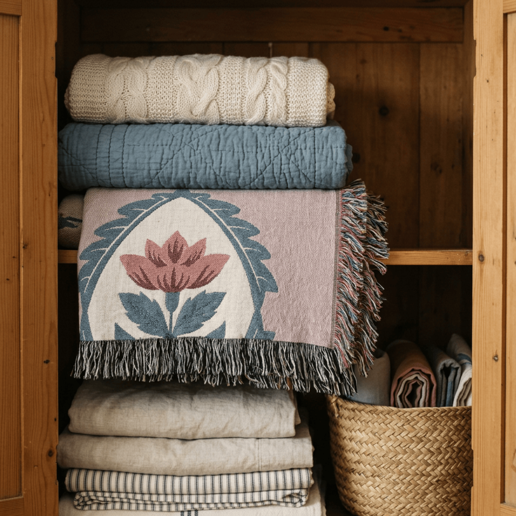 A woven throw blanket with a pink and blue lotus design and dark gray fringe, neatly folded on a wooden shelf alongside other home textiles.