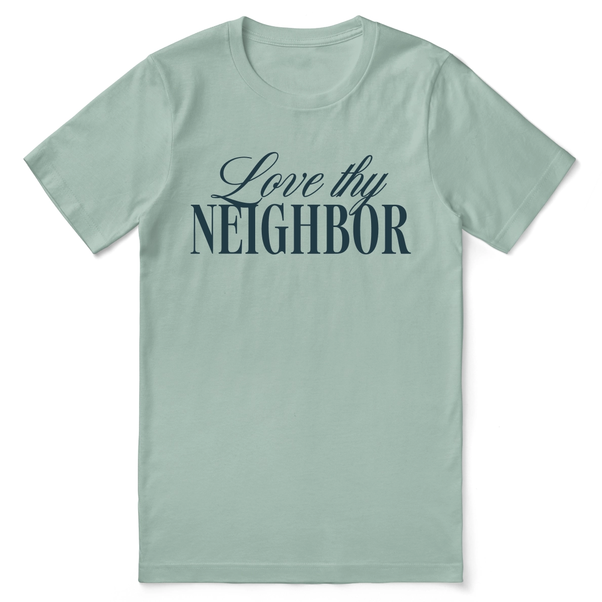 Christian t-shirt with bold “Love Thy Neighbor” message in modern typography; soft unisex tee designed for everyday faith, love, and gospel living.