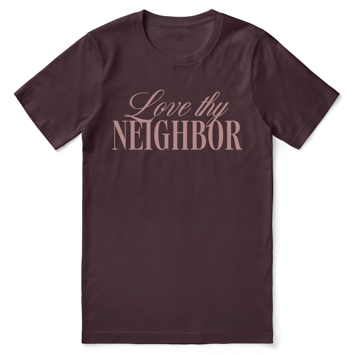 Christian t-shirt with bold “Love Thy Neighbor” message in modern typography; soft unisex tee designed for everyday faith, love, and gospel living.