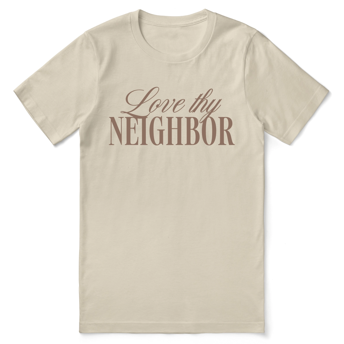 Christian t-shirt with bold “Love Thy Neighbor” message in modern typography; soft unisex tee designed for everyday faith, love, and gospel living.