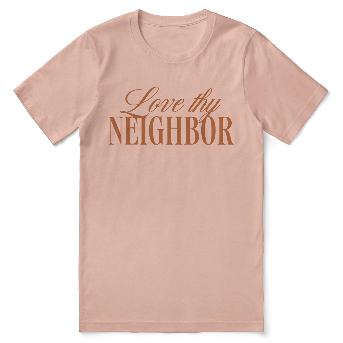 Christian t-shirt with bold “Love Thy Neighbor” message in modern typography; soft unisex tee designed for everyday faith, love, and gospel living.