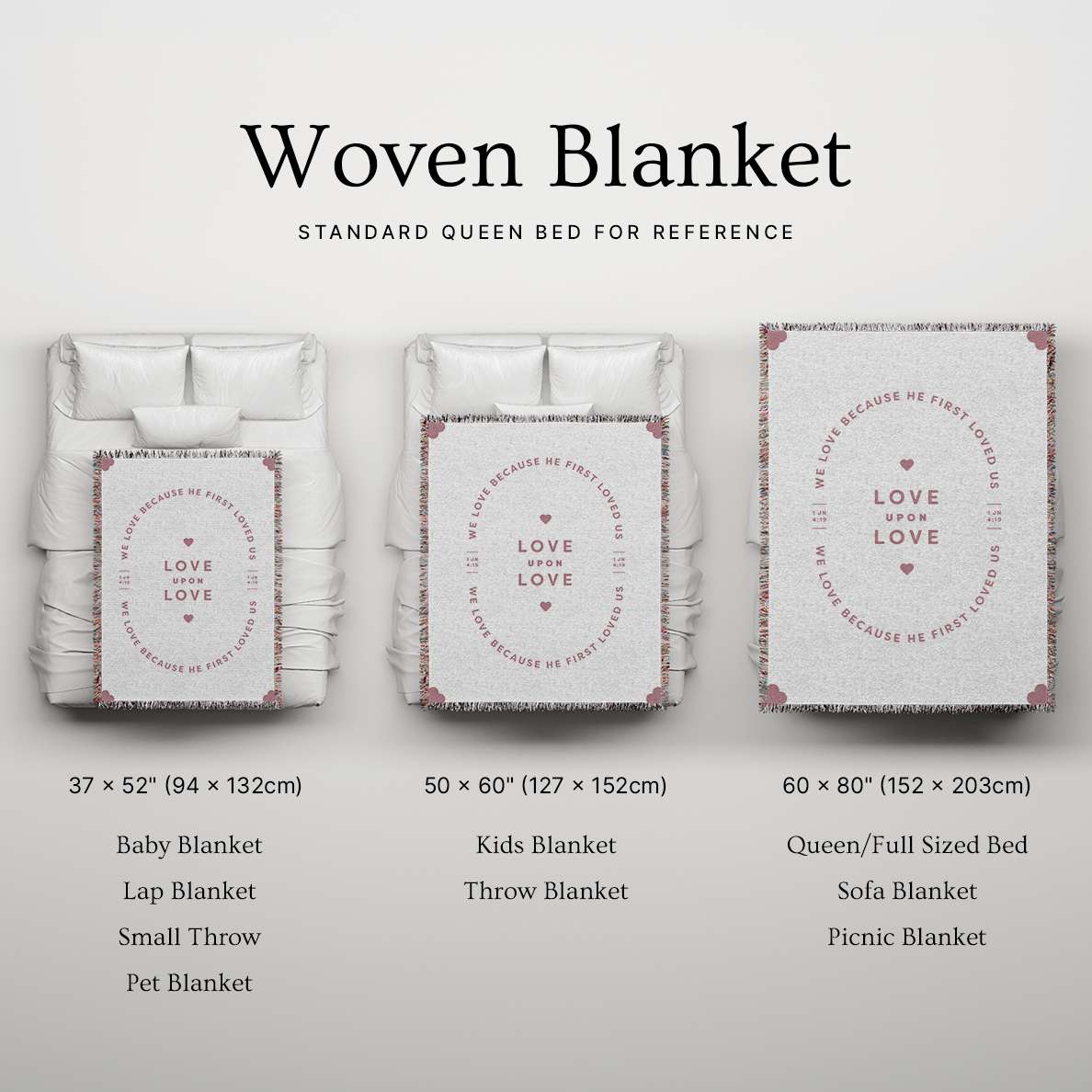 Woven blanket with different sizes displayed on a bed for reference.