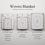 Woven blanket with different sizes displayed on a bed for reference.