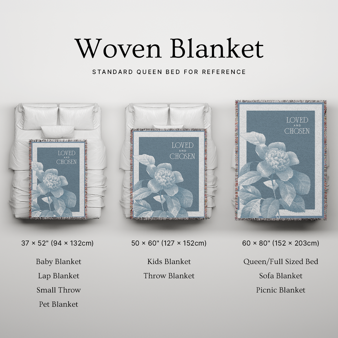 Woven blanket with floral design on a light gray background, showing different sizes.