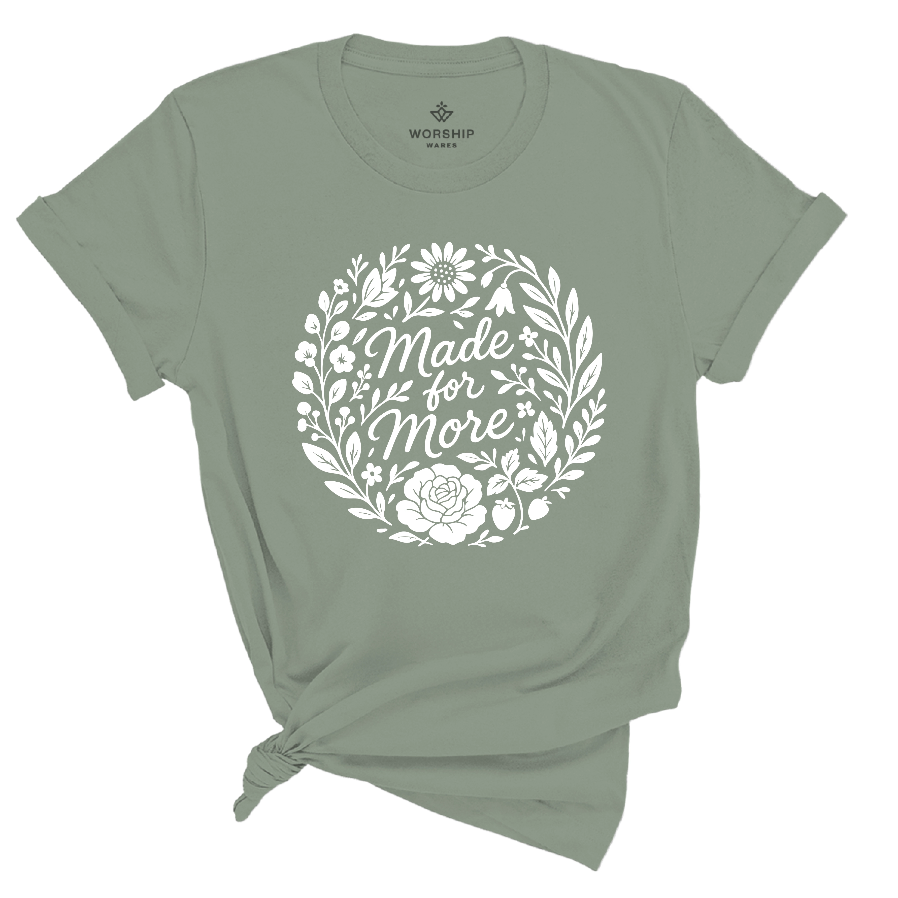 Christian t-shirt with “Made for More” in handwritten script surrounded by flowers and plants; soft cotton unisex tee symbolizing faith, growth, and divine purpose.