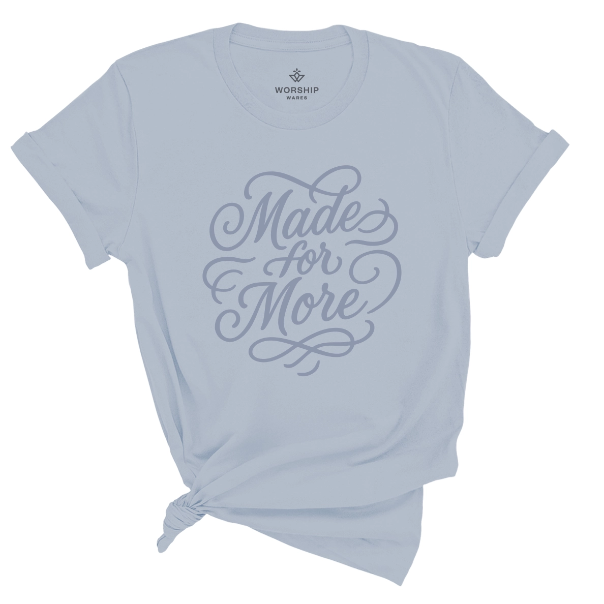Christian t-shirt with the phrase “Made for More” in elegant hand-flourished script; unisex soft cotton shirt symbolizing purpose, faith, and calling.