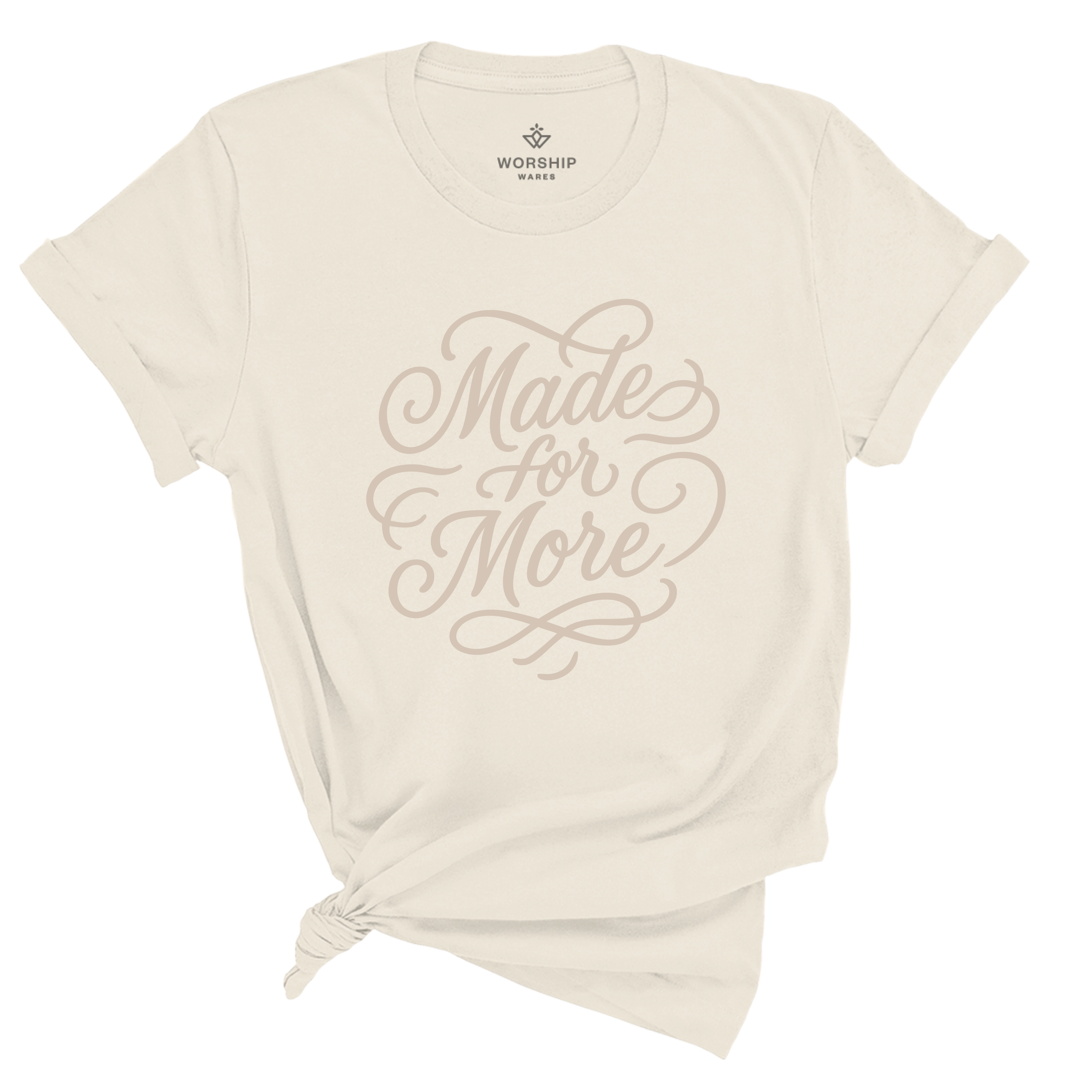 Christian t-shirt with the phrase “Made for More” in elegant hand-flourished script; unisex soft cotton shirt symbolizing purpose, faith, and calling.
