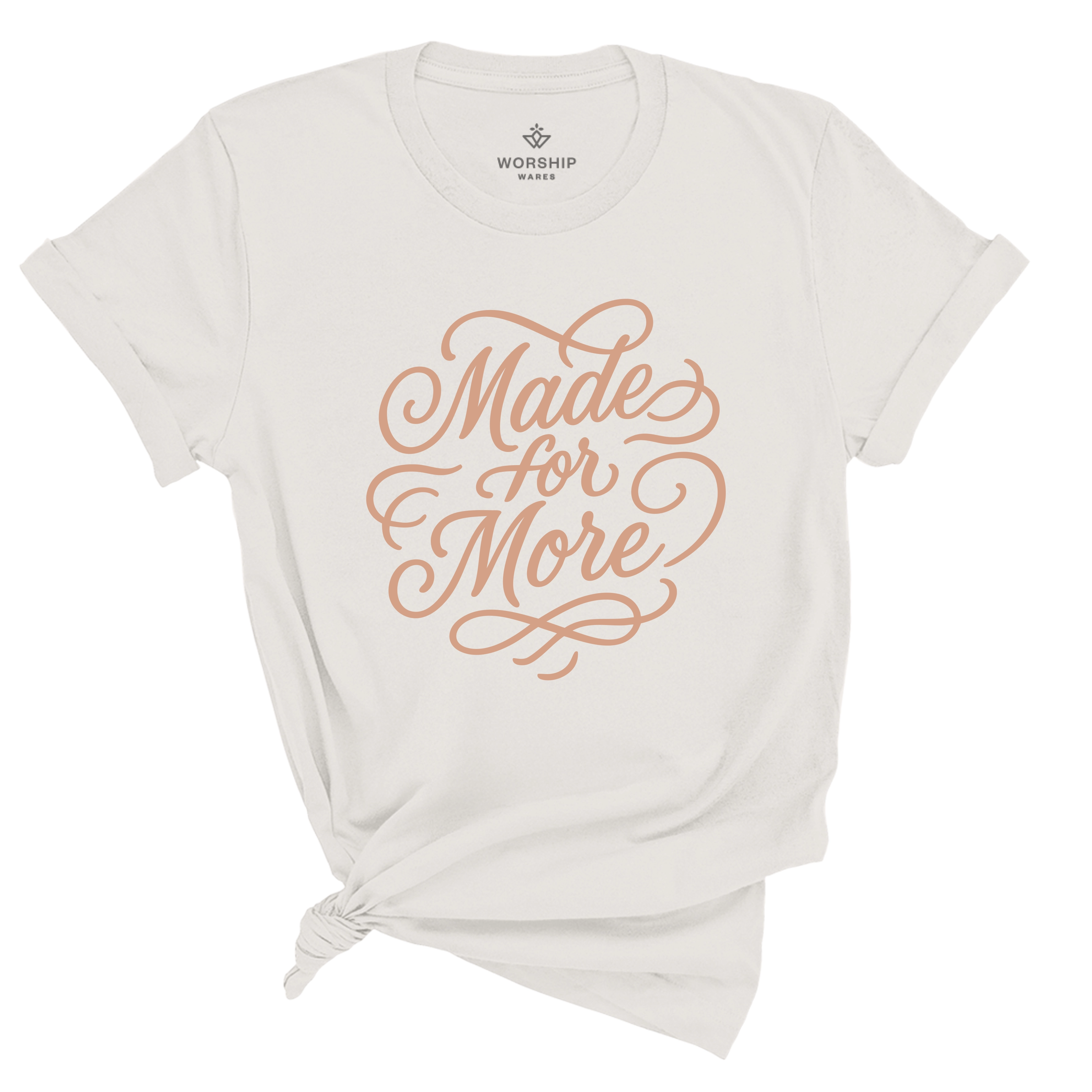Christian t-shirt with the phrase “Made for More” in elegant hand-flourished script; unisex soft cotton shirt symbolizing purpose, faith, and calling.
