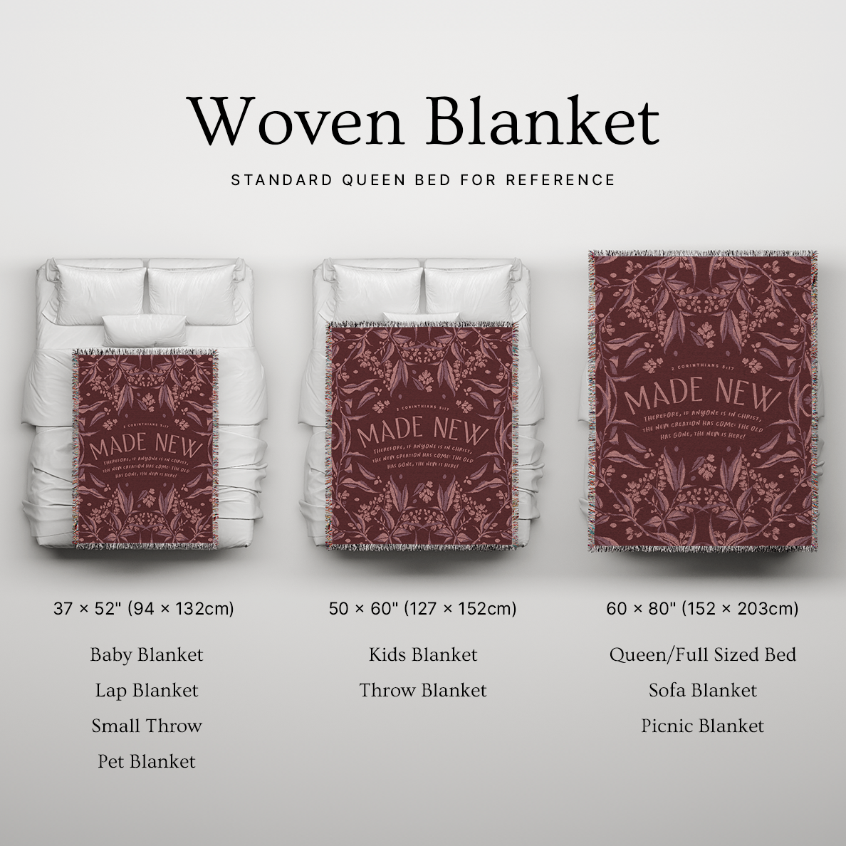 Woven blanket with size chart on a light gray background