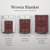 Woven blanket with size chart on a light gray background