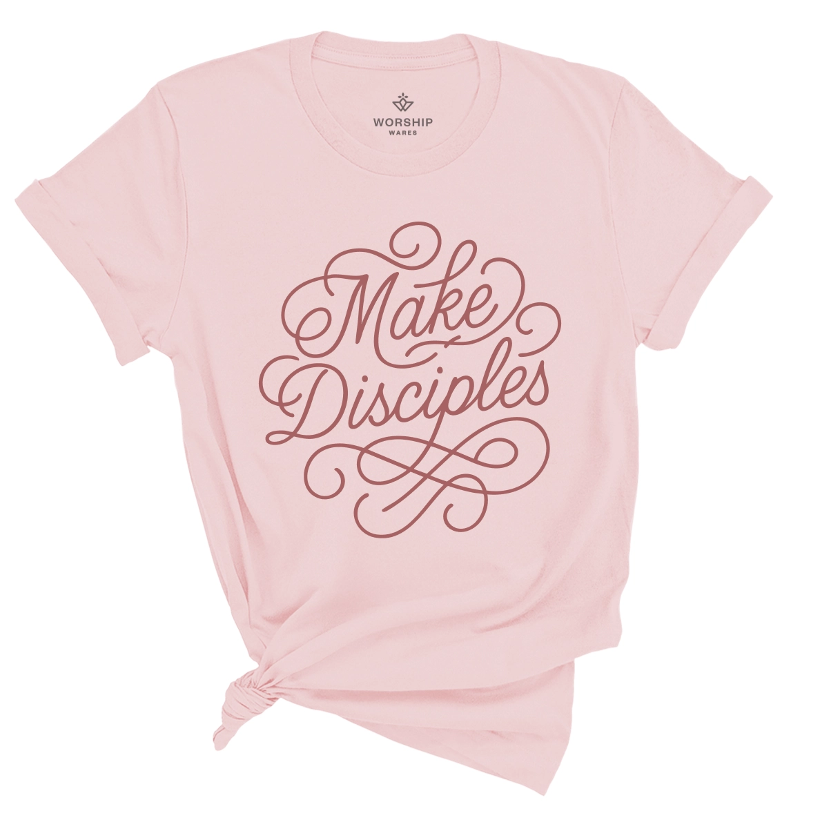 Christian t-shirt with hand-lettered “Make Disciples” design; soft unisex cotton tee inspired by the Great Commission, perfect for ministry, mission trips, or daily wear.